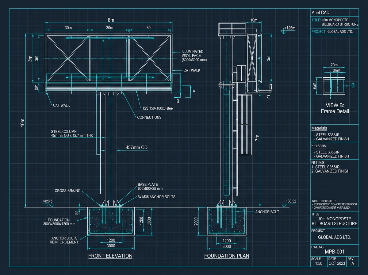 Croquis plano técnico monoposte 10 metros fuste cartel 8x3m