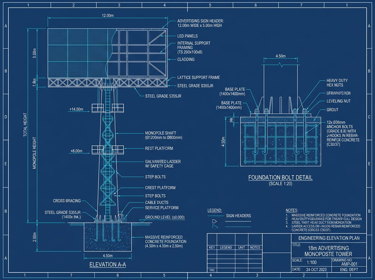 Croquis plano técnico monoposte 18 metros fuste cartel 12x5m